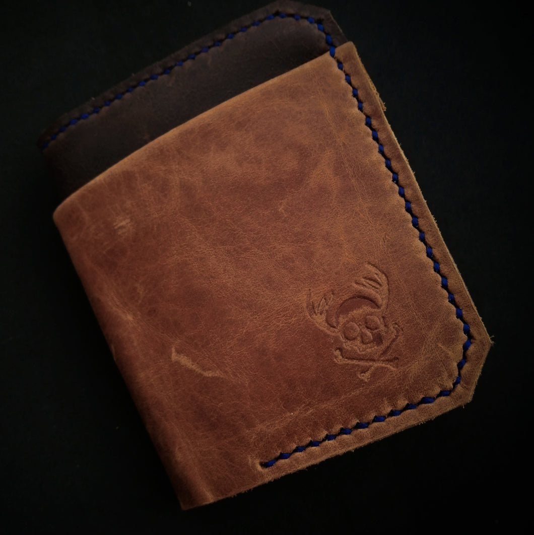 Stag & Bone Bifold wallet. Green tartan, blue stitching.
